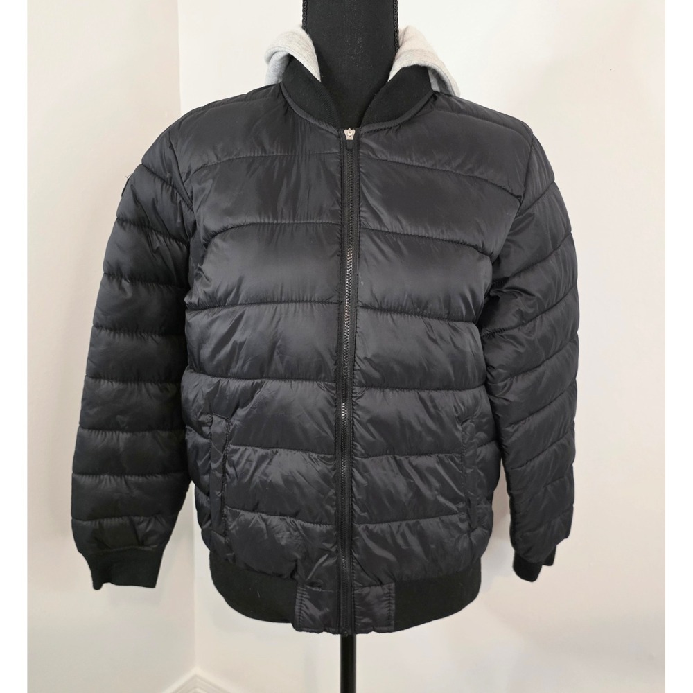 Justice Girls Black Puffer Jacket Grey Hooded Full Zip Quilted Coat Size 18/20
